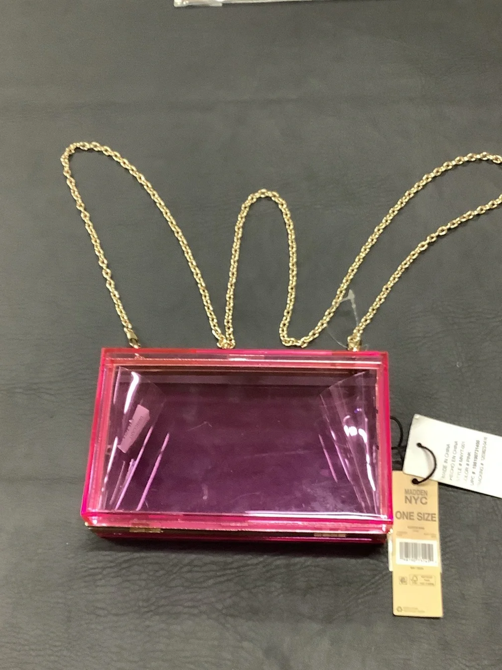 Madden NYC Transparent Pink Box Clutch with Gold Chain